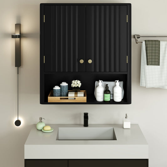 Fluted Bathroom Wall Cabinet Modern Double Door Medicine Cabinet-Black