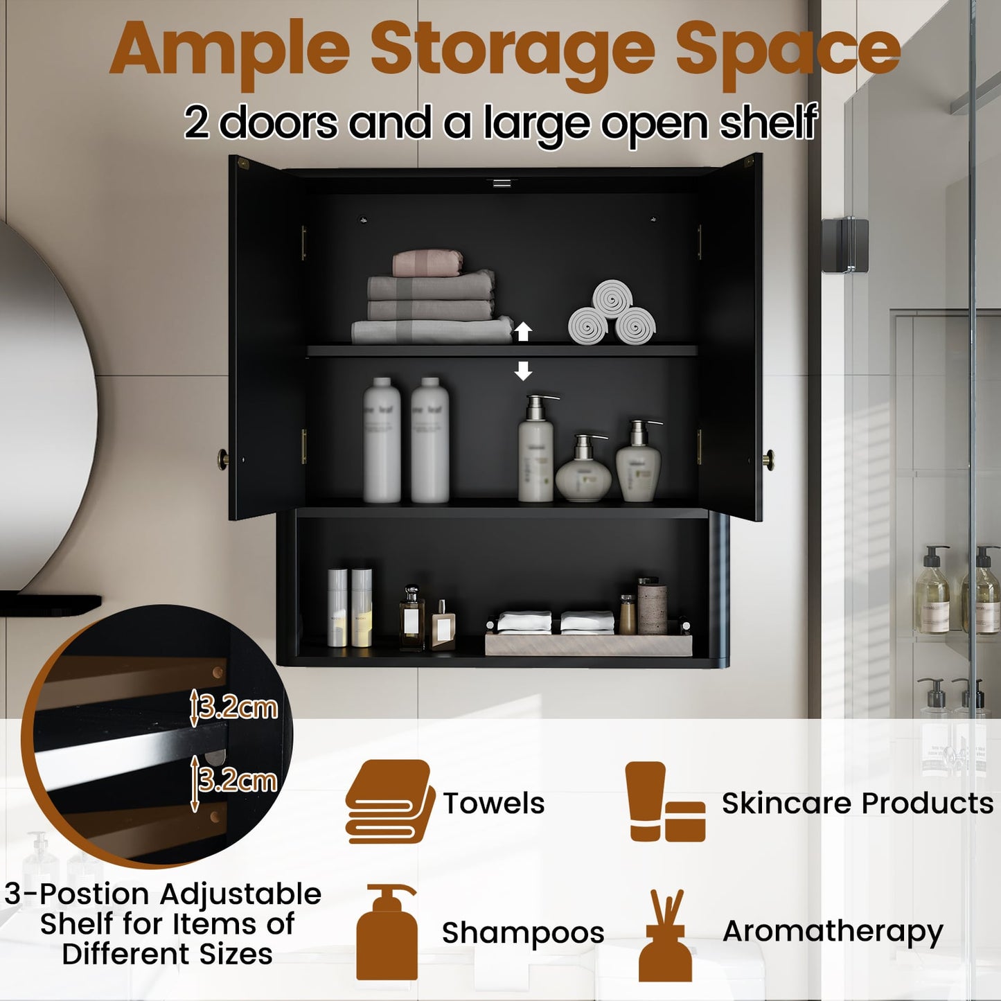 Fluted Bathroom Wall Cabinet Modern Double Door Medicine Cabinet-Black