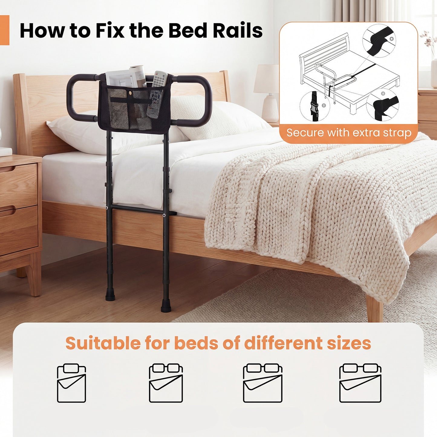 Foldable Bed Rail for Seniors Bed Rail for Elderly Adults Safety with Adjustable Width and Height-Black
