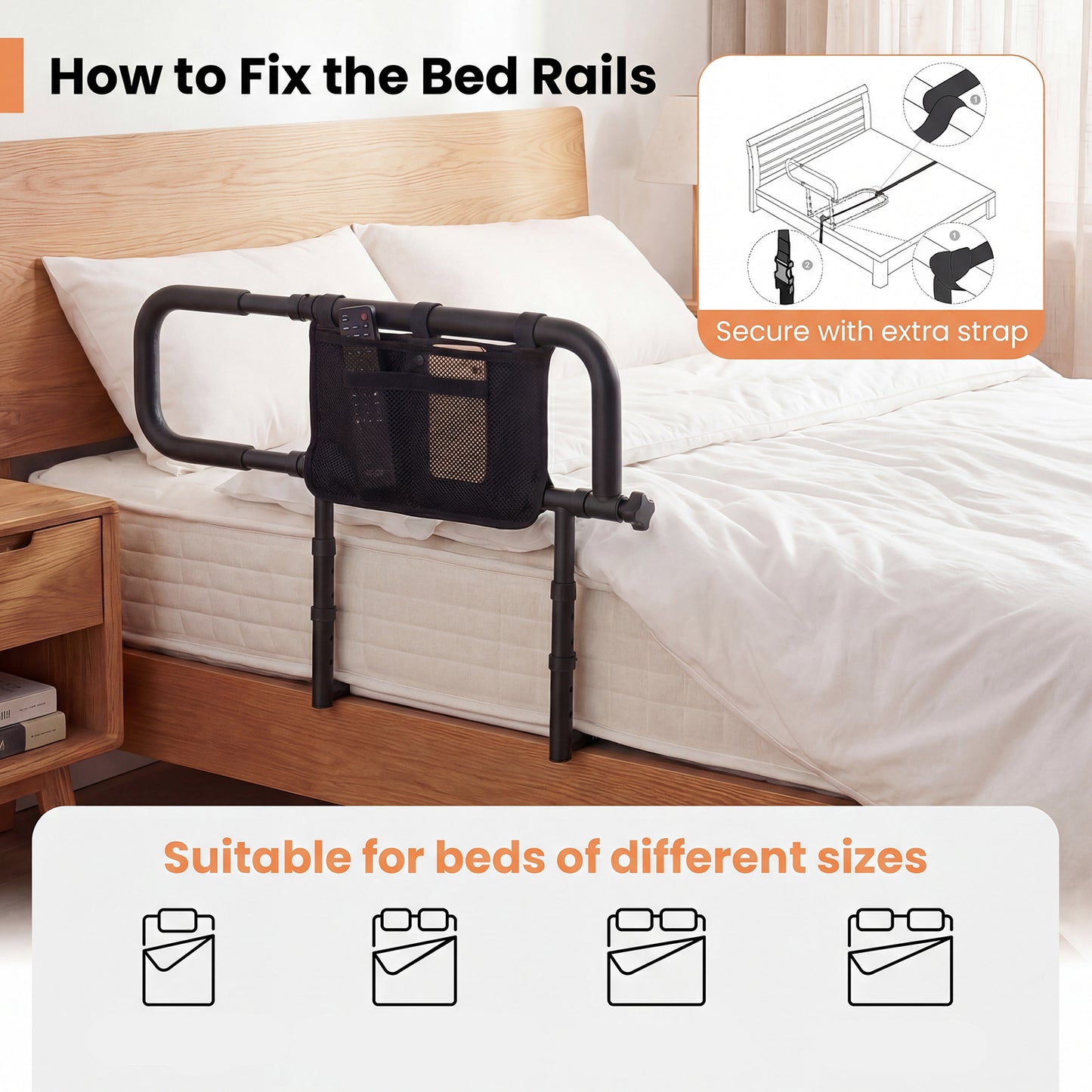 Foldable Bed Rail for Seniors with Adjustable Width and Height-Black