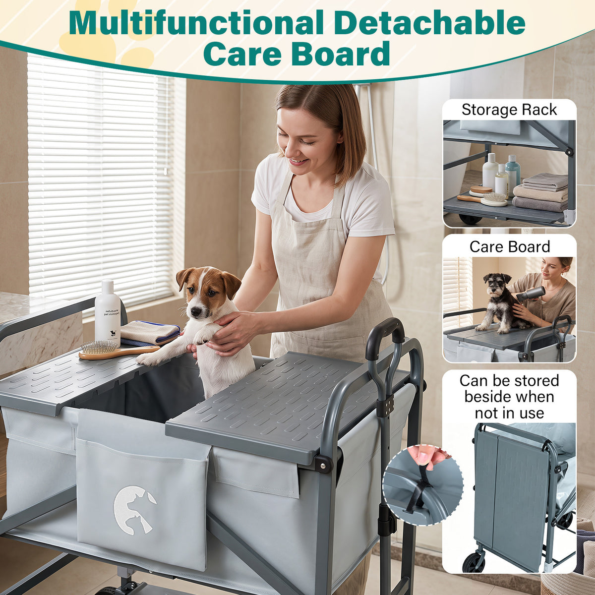 Foldable Dog Bath Cart with Adjustable Height and 4 Wheels for Pets-Black + Grey