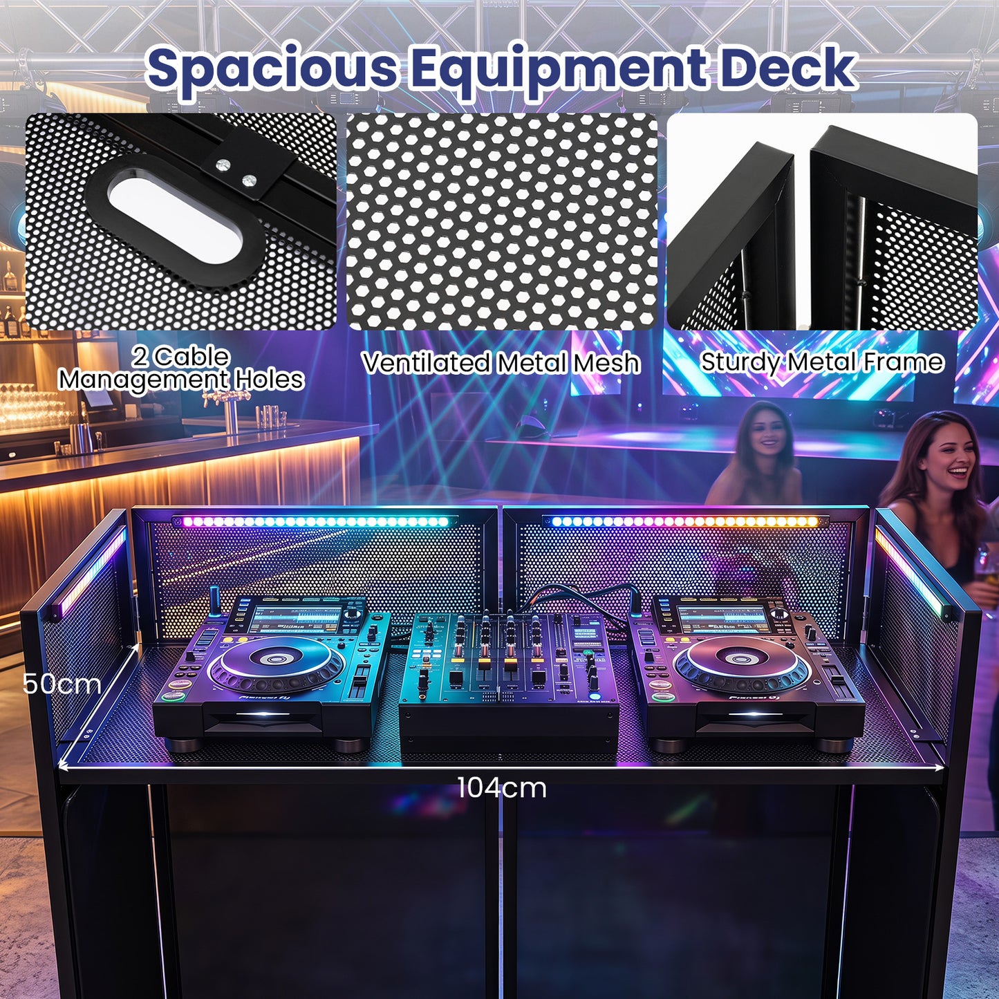 Foldable Mobile DJ Table Stand with Adjustable Feet and Detachable Tabletop-Black