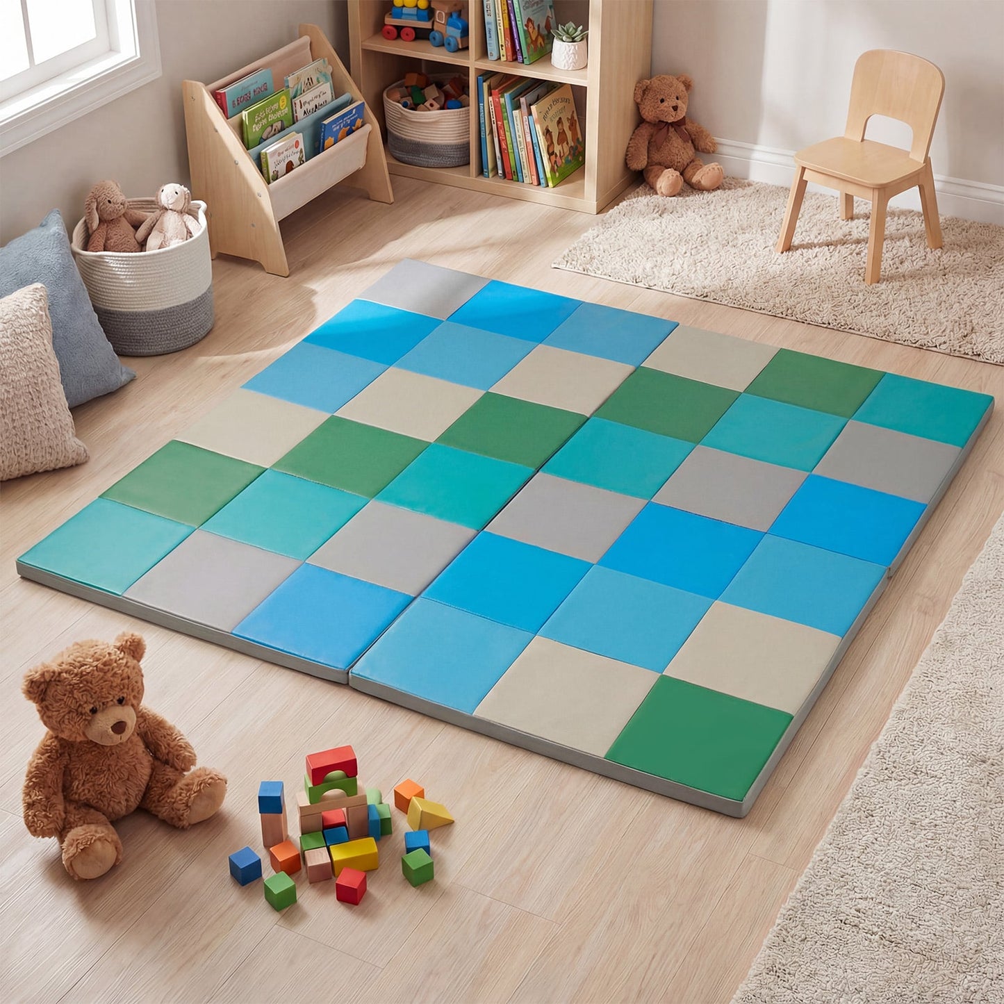Foldable Patchwork Toddler Activity Mat with Waterproof Faux Leather-Blue