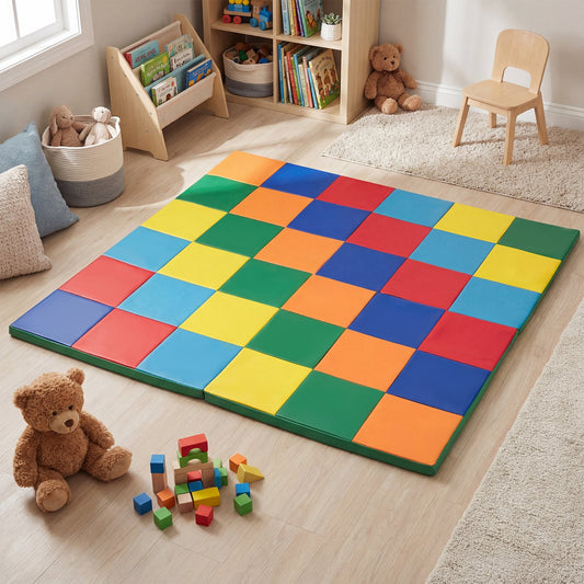 Foldable Patchwork Toddler Activity Mat with Waterproof Faux Leather-Colorful