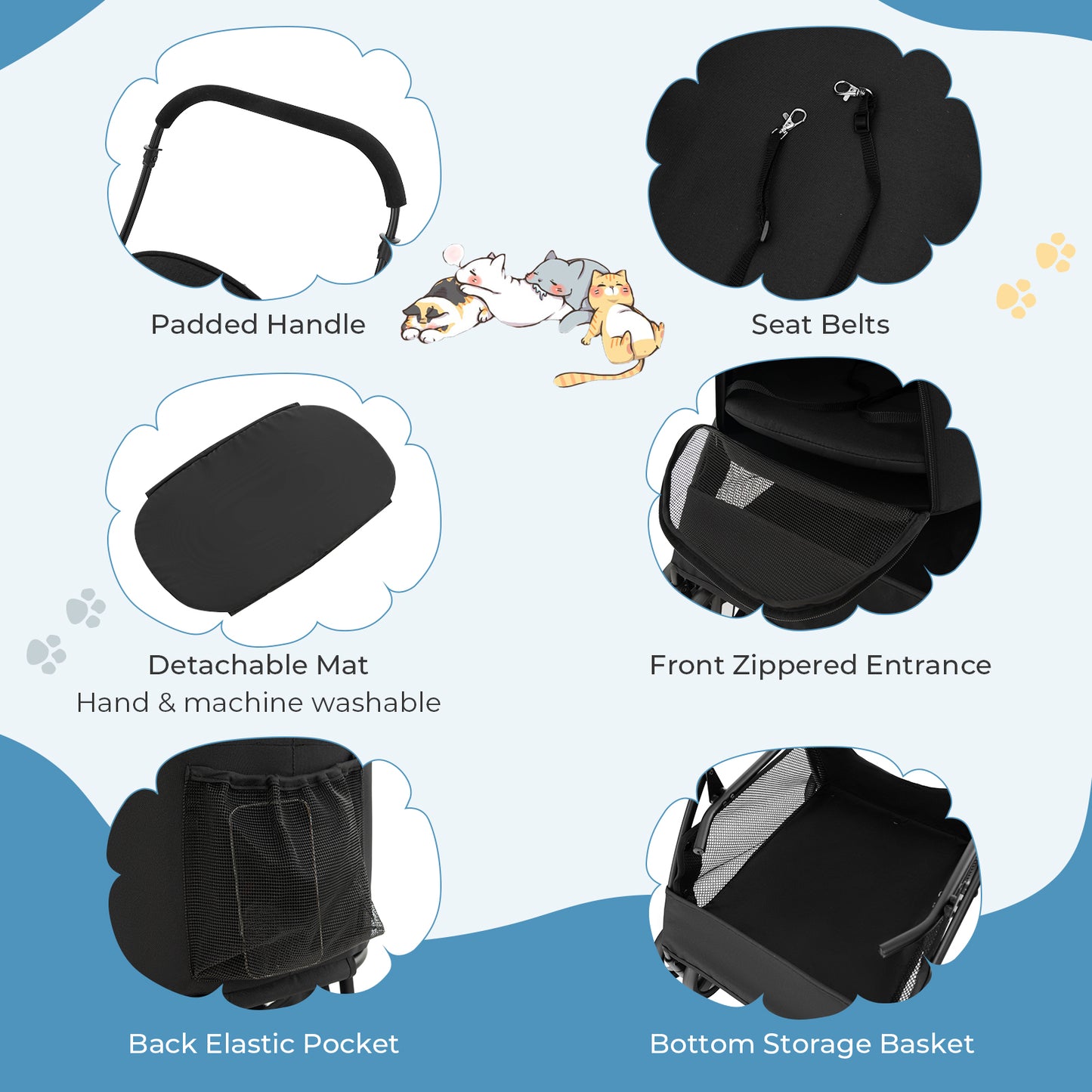 Foldable Pet Stroller with 4-Level Adjustable Canopy and Storage Basket-Black