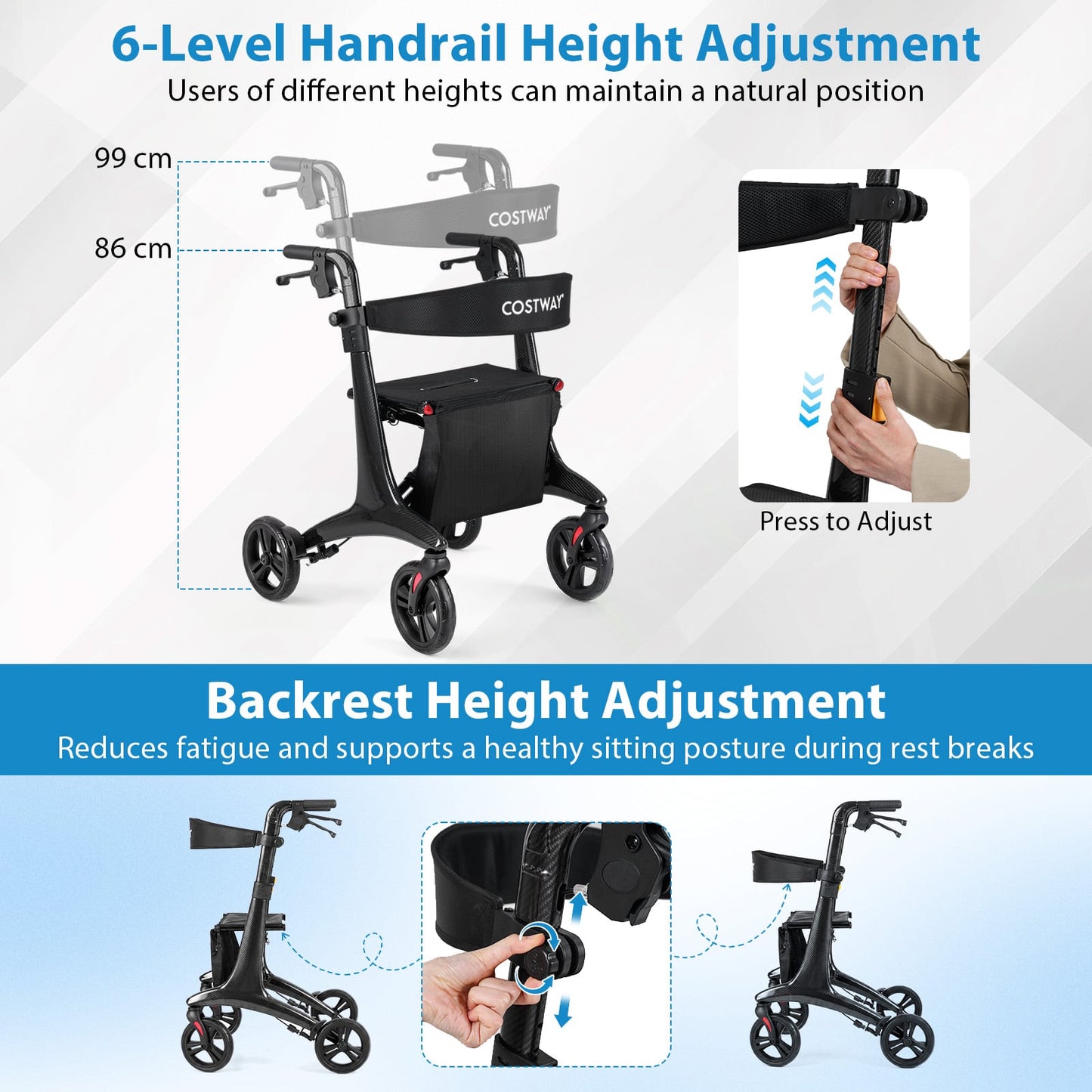 Foldable Rollator Walker with Seat and Carbon Fiber Structure for Seniors-Black