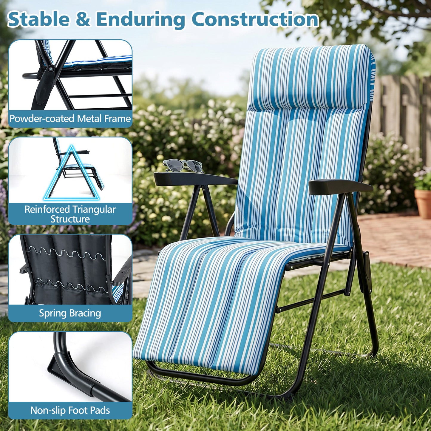 Foldable Sun Lounger Recliner with Adjustable Backrest Headrest and Armrests-Blue