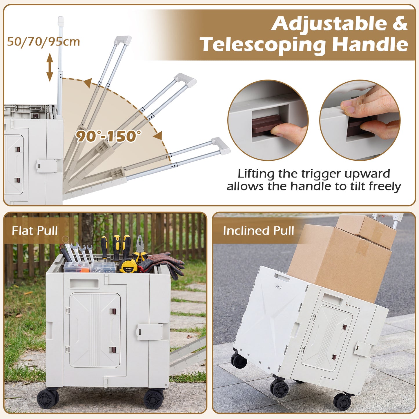 Foldable Utility Cart on 4 Rotate Wheels with Cup Holder-White