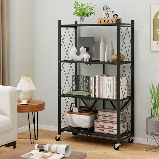 4-Tier Metal Foldable Collapsible Storage Rack with Lockable Wheels-Black