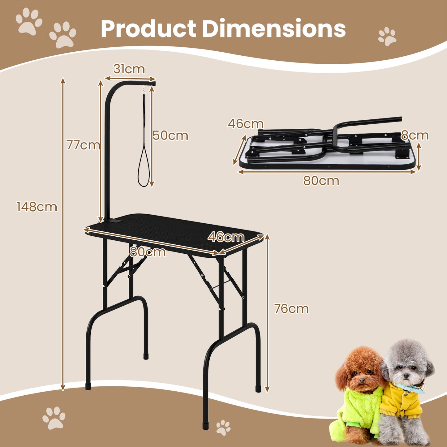 Foldable Dog Grooming Table with Height Adjustable Arms and Noose-Black