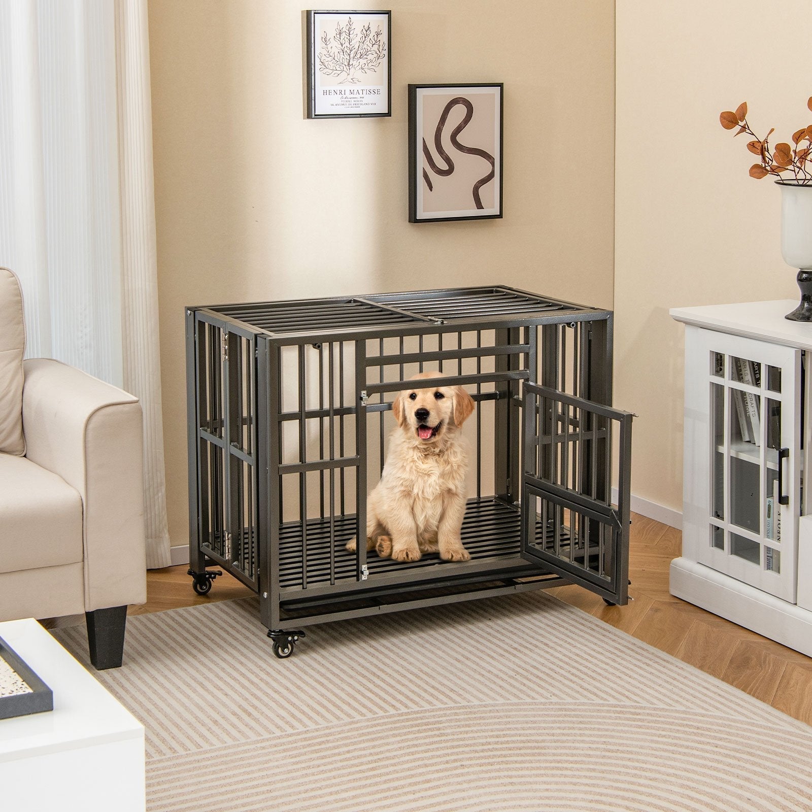 Foldable Metal Dog Cage Chew-proof Dog Crate with Lockable