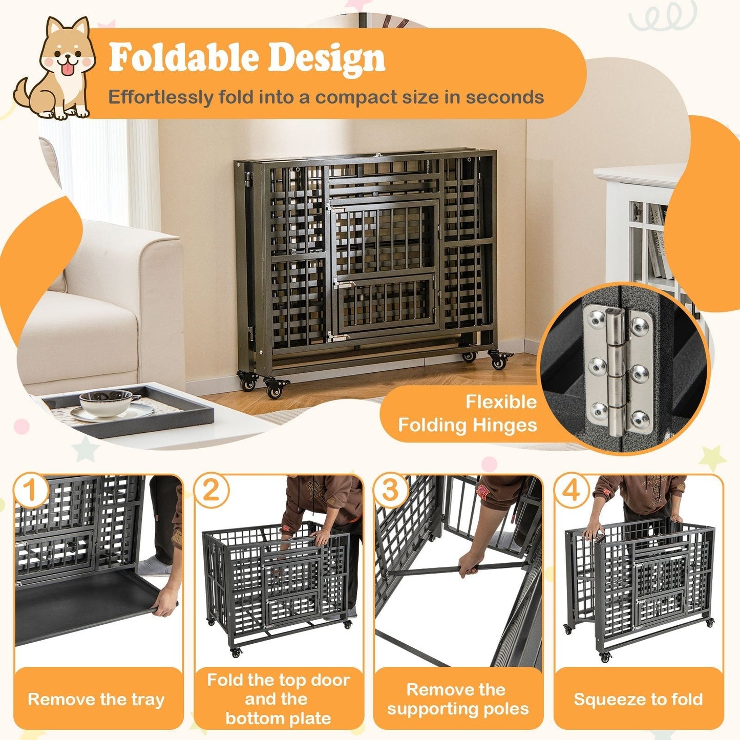 Foldable Metal Dog Cage Chew-proof Dog Crate with Lockable Universal Wheels