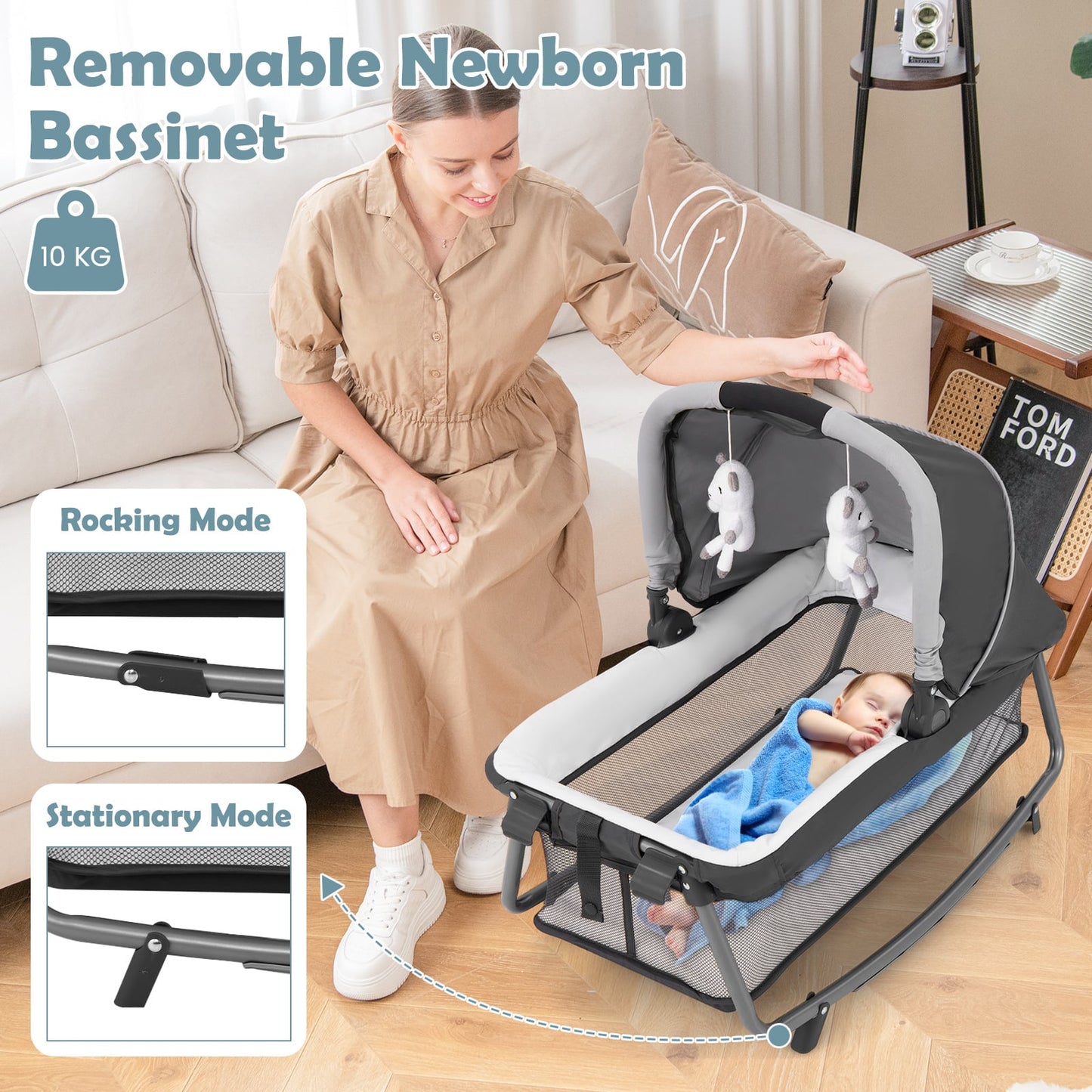 5-in-1 Foldable Pack and Play with Removable Bassinet-Grey