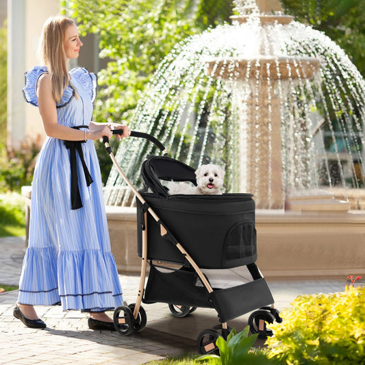 Foldable Pet Stroller with 4-Level Adjustable Canopy and Storage Basket-Black & Gold