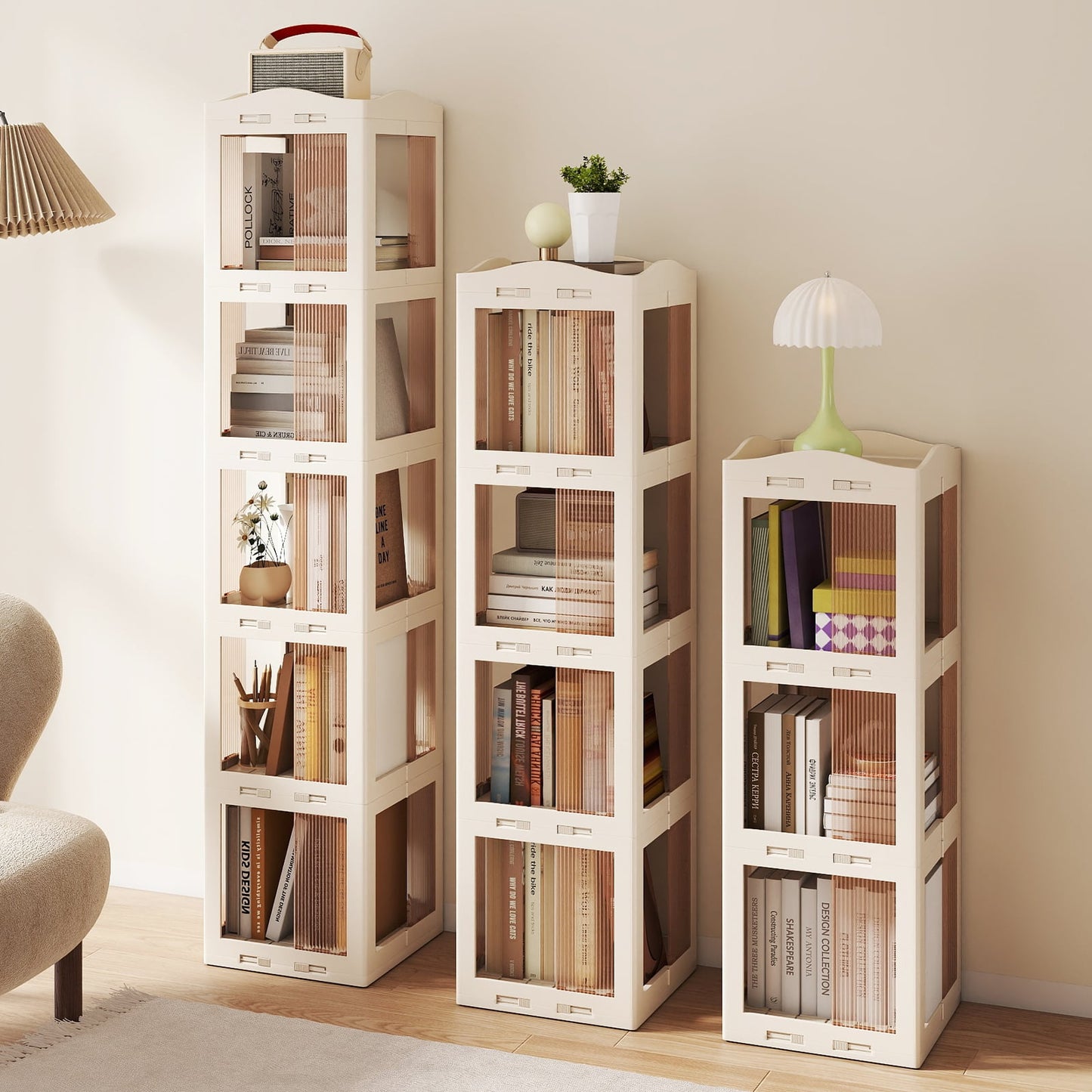 Foldable Rotating Bookshelf 4-Tier Revolving Bookshelf Tower-White