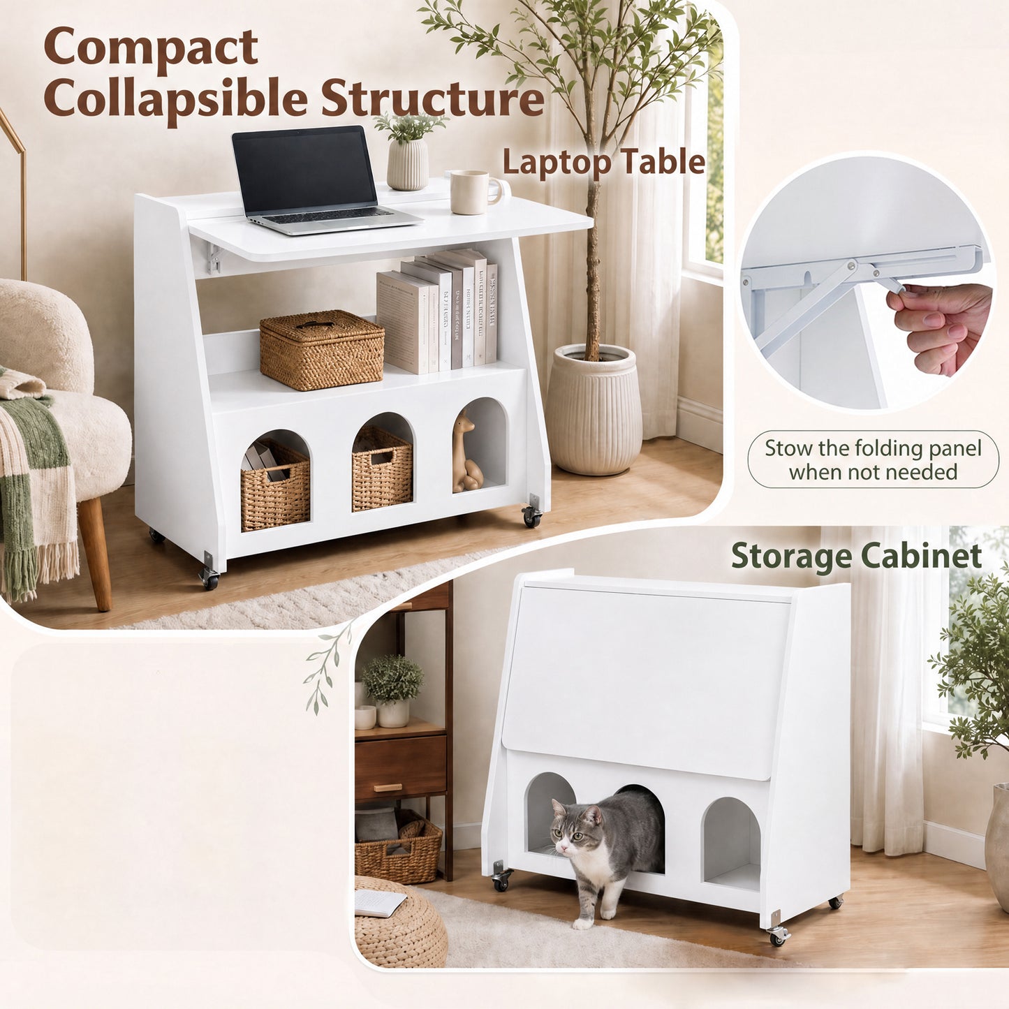 Folding Desk on Wheels with Storage Shelves and Compartments for Small Spaces-White