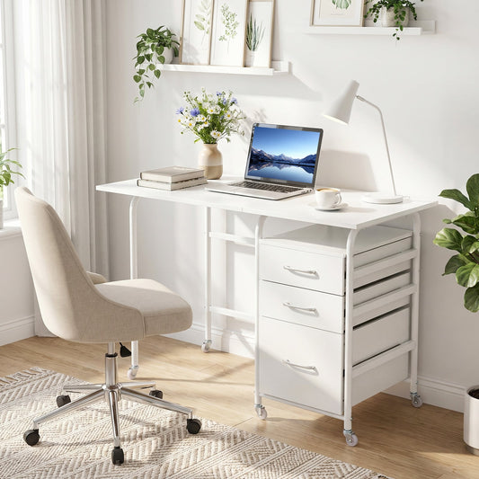 Folding Desk with 3 Drawers Storage & Rolling Wheels for Living Room Space-Saving-White