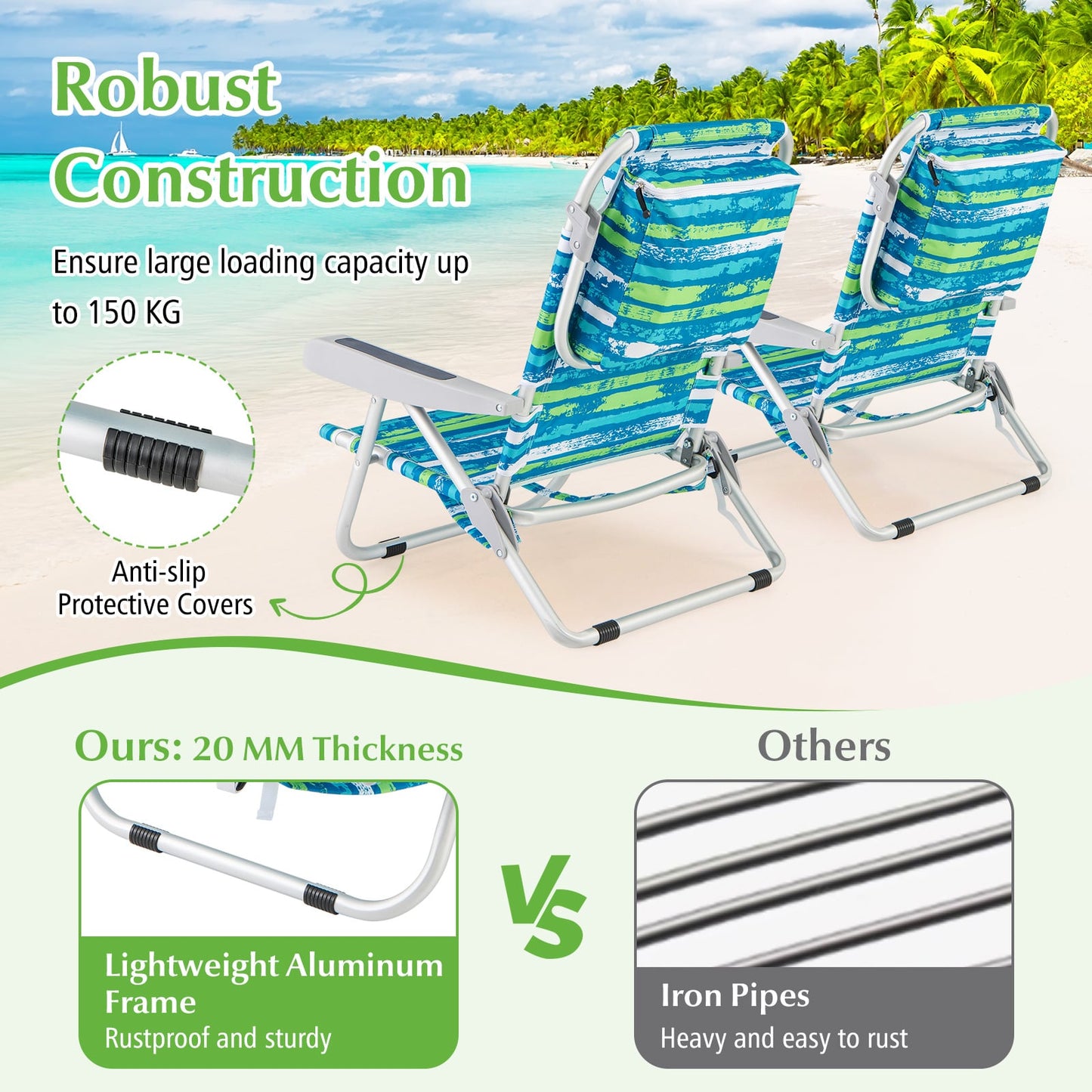 Folding Lay Flat Beach Chair Set of 2 with 5-Position Backrest-Blue & Green