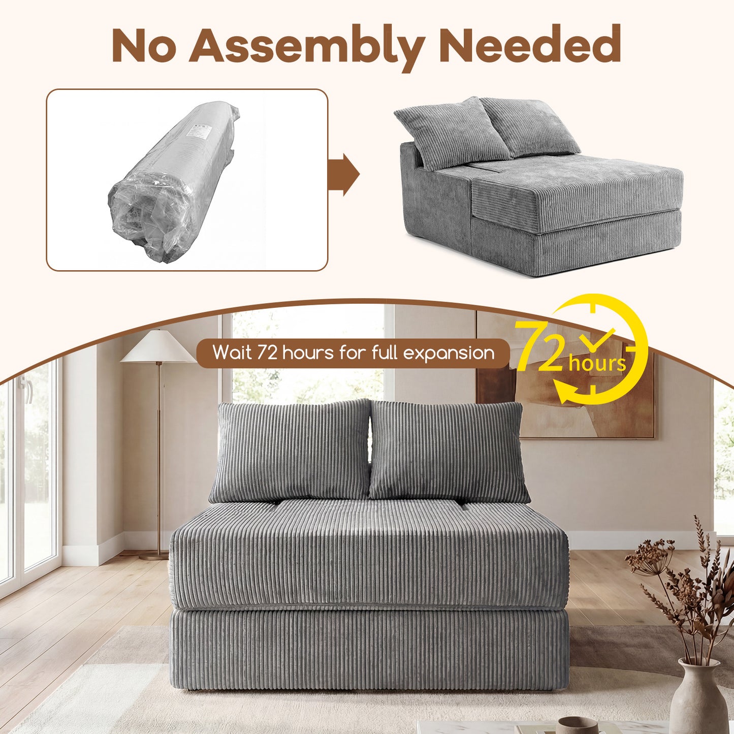 Folding Sofa Bed with Dual Pillows & Machine-Washable Cover for Living Room Bedroom-Grey