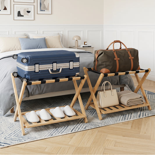 Folding Suitcase Stand with Straps and Bamboo Storage Shelves for Guest Room-Natrual