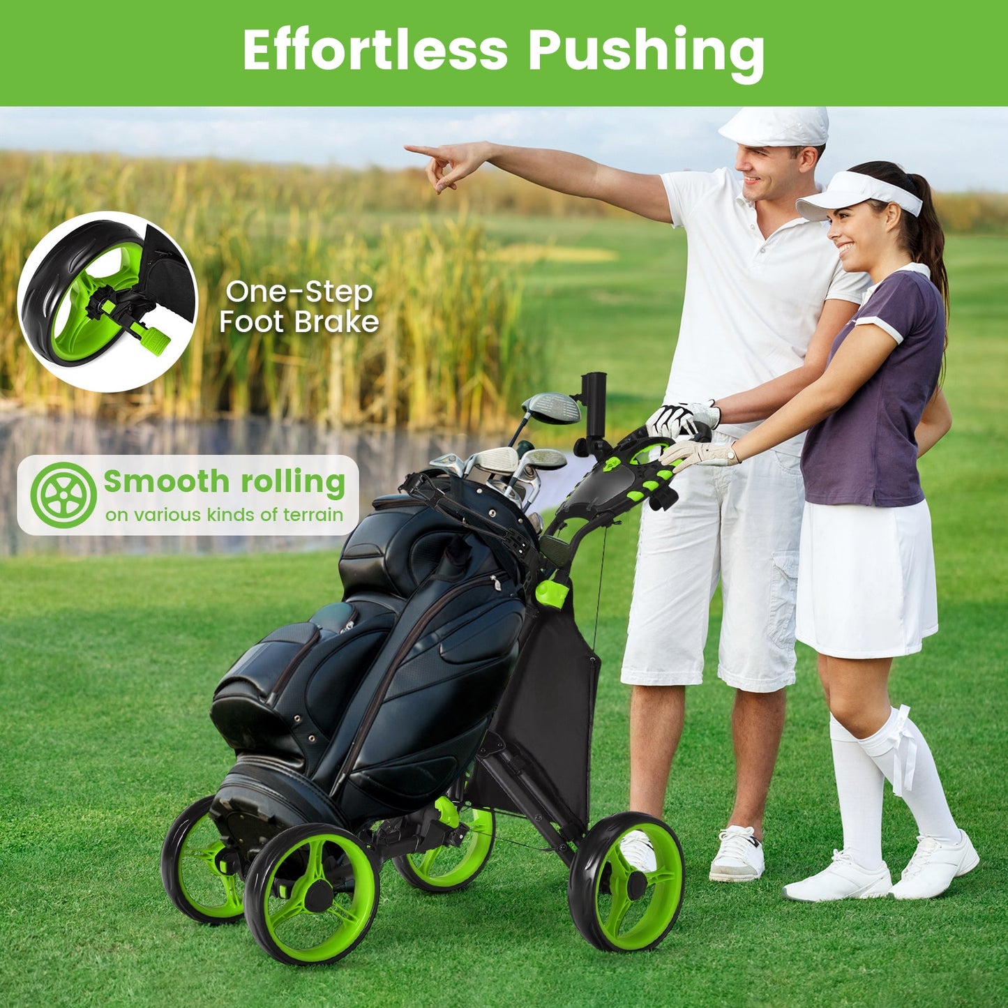 Lightweight Foldable Collapsible 4 Wheels Golf Push Cart-Green