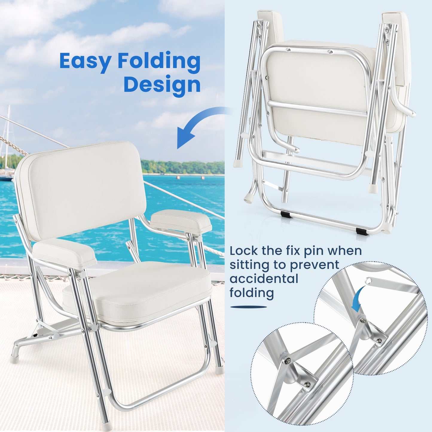 Folding Aluminum Deck Chair with Upholstered Seat-White