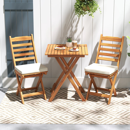 3 Pieces Outdoor Acacia Wood Bistro Set with Seat Cushions and High Back-Horizontal-Slatted Back