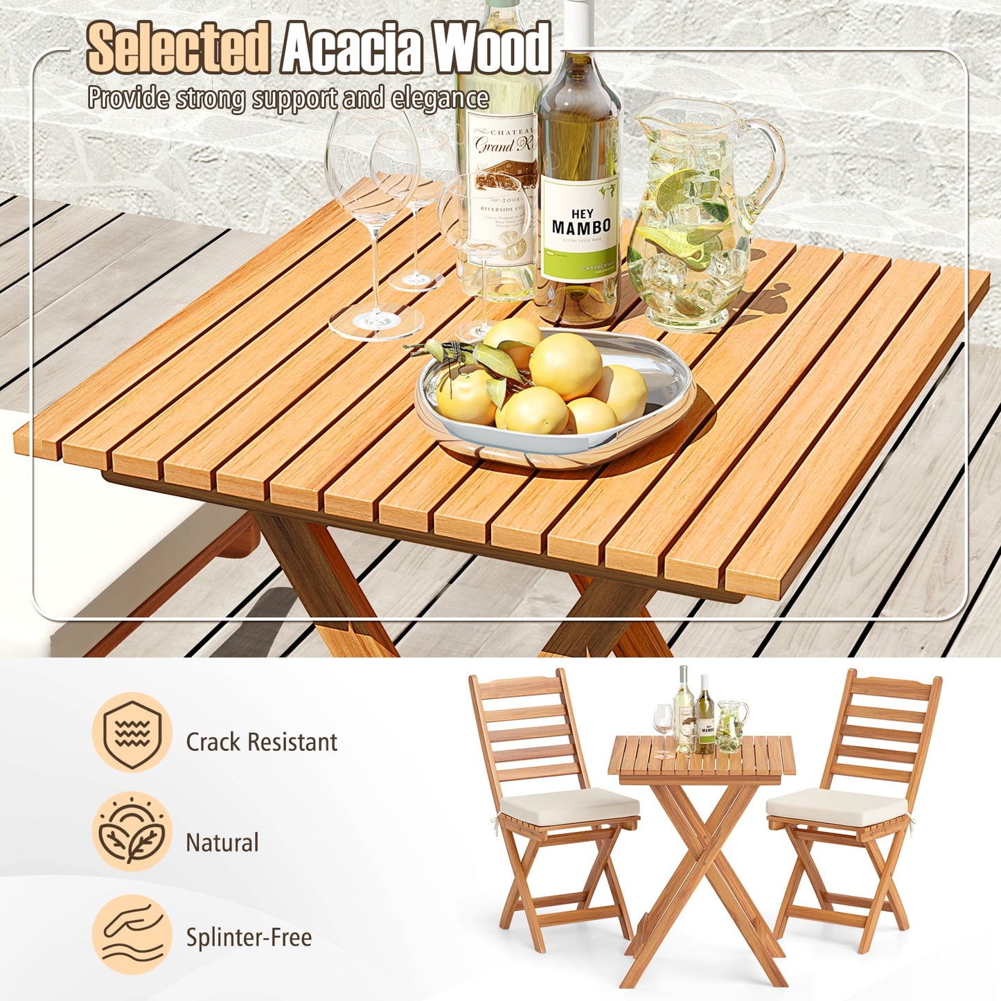 3 Pieces Outdoor Acacia Wood Bistro Set with Seat Cushions and High Back-Horizontal-Slatted Back