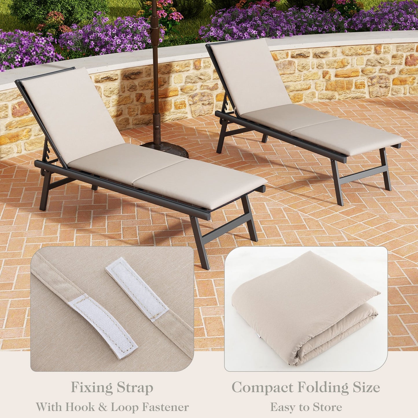 Folding Outdoor Chaise Lounge Cushion Patio Furniture Pad with Straps-Beige-1 Piece