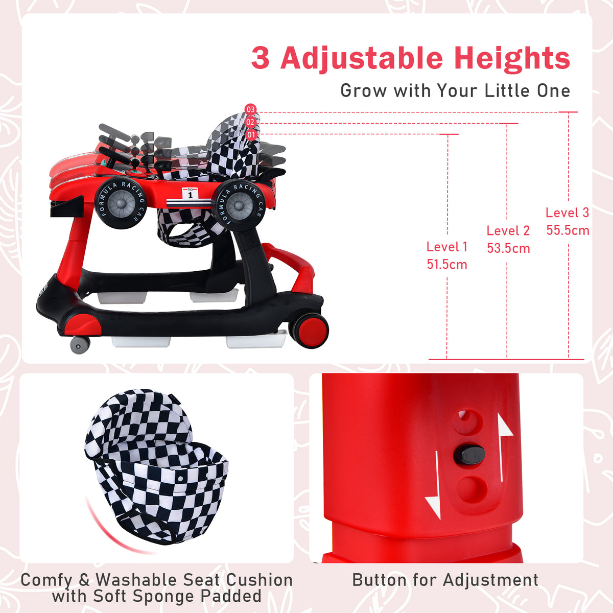 4-in-1 Baby Push Walker with Adjustable Height and Speed-Red