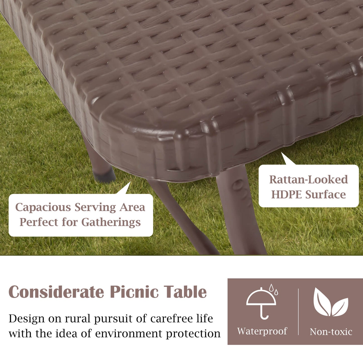Folding Table Portable Plastic Table with Rattan Design and Umbrella Hole