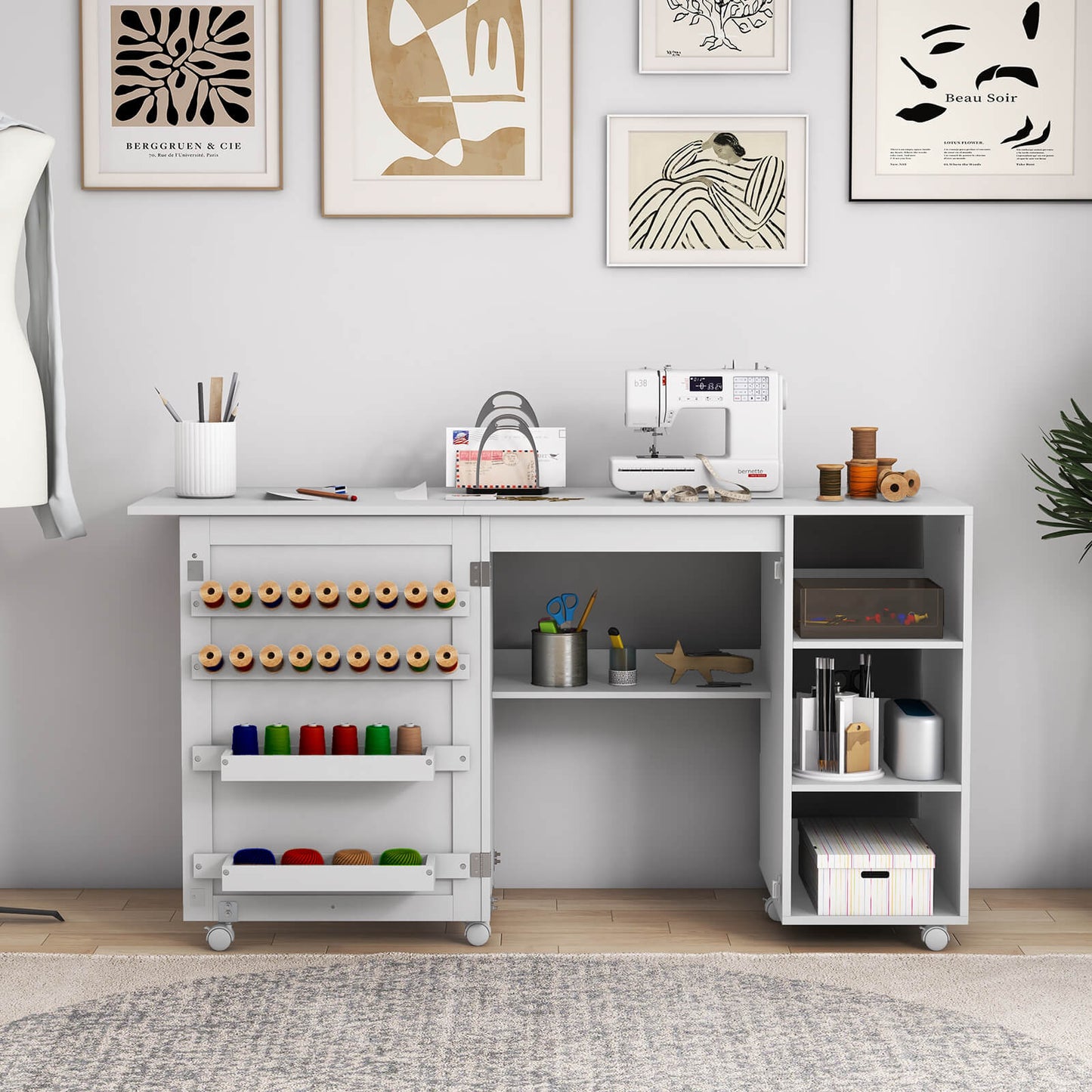 Folding Sewing Table with Storage Shelves and 18 Pegs and Lockable Casters-White