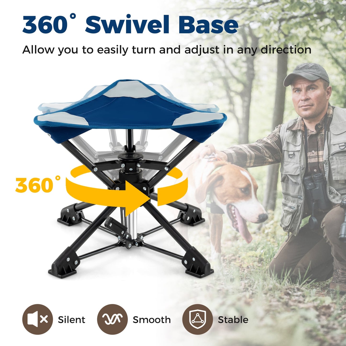 Folding Swivel Camping Hunting Stools with Anti-Sink Feet and Carry Bag-Blue