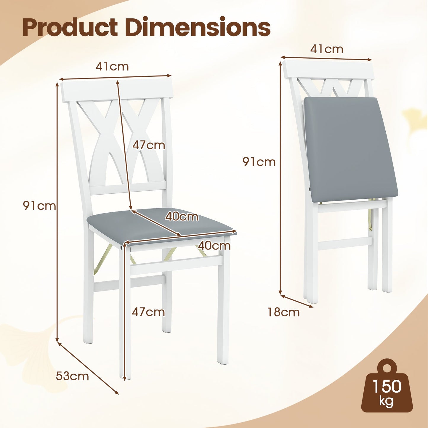 Folding Wooden Dining Chair Set of 2 Faux Leather Upholstered Chairs-White
