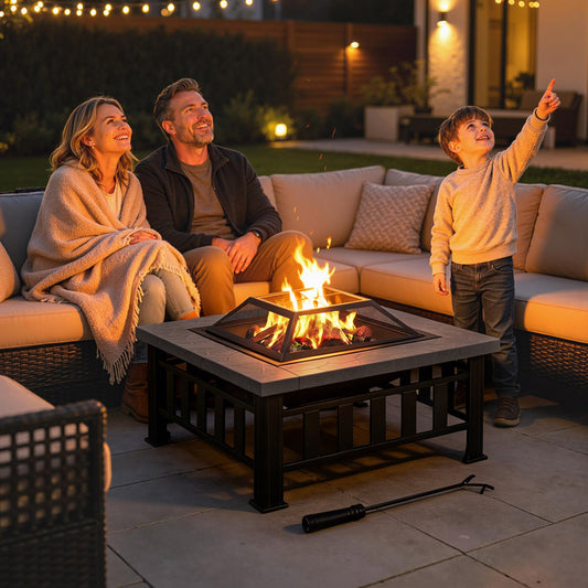 Outsunny Metal Large Firepit Outdoor Square Fire Pit Brazier with Rain Cover, Lid, Log Grate, Poker for Backyard, Camping, BBQ, Bonfire, Wood Burning Stove, 86 x 86 x 54cm, Black