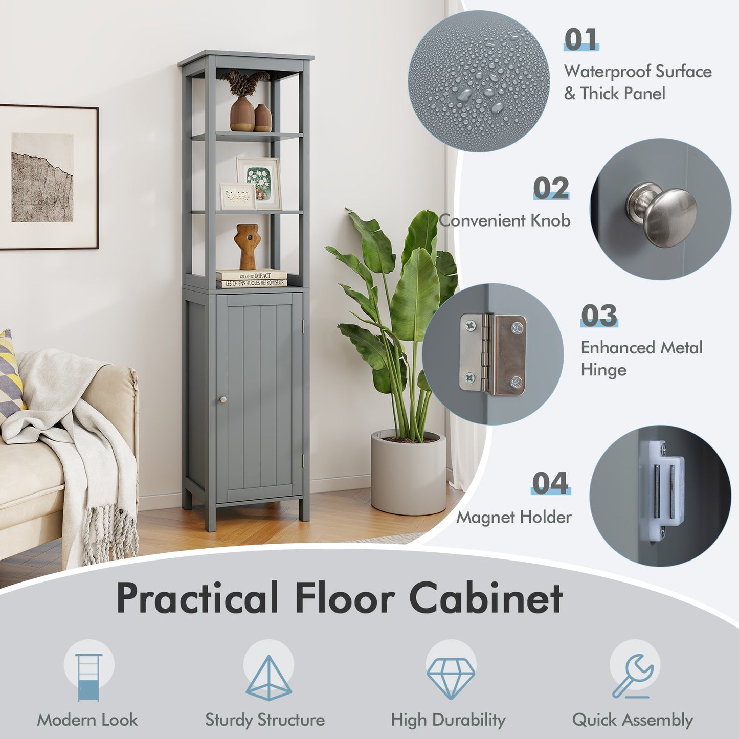 Freestanding Floor Cabinet with 3-Position Middle Panel and Anti-Toppling Mechanism-Grey