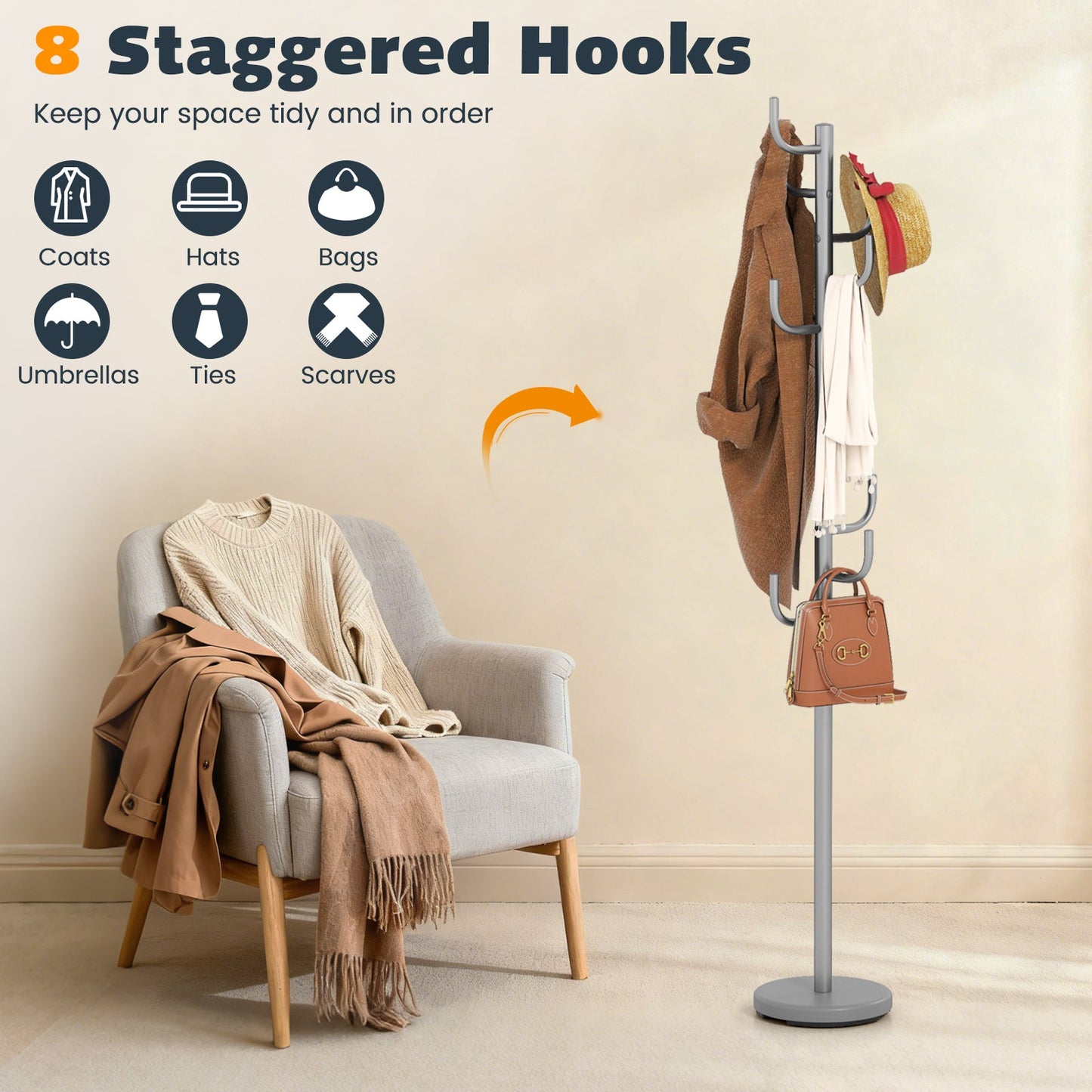 Freestanding Coat Rack with 8 L-Shaped Hooks and 2 Adjustable Heights-Silver