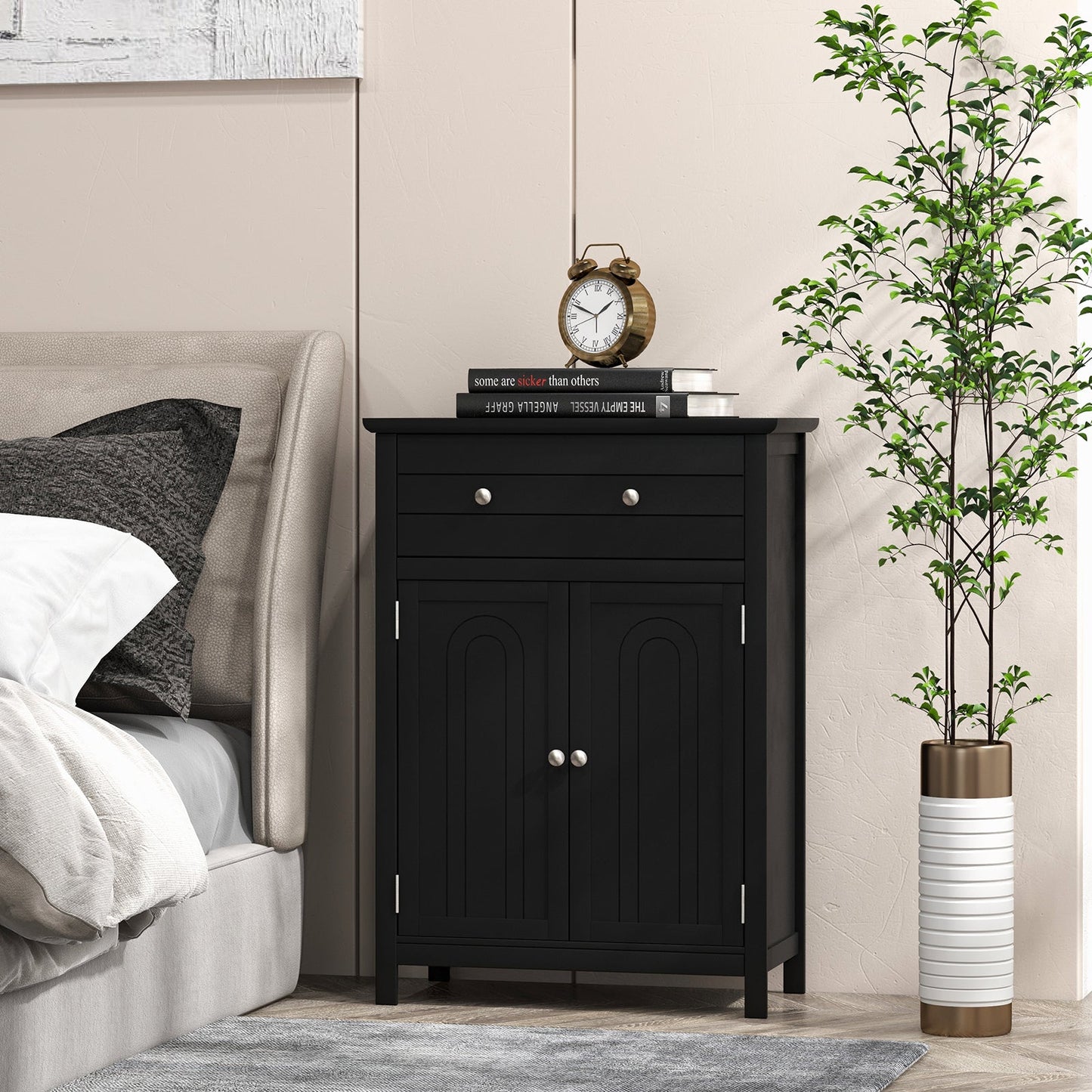 Freestanding Floor Storage Cabinet with Drawer and Adjustable Shelf-Black