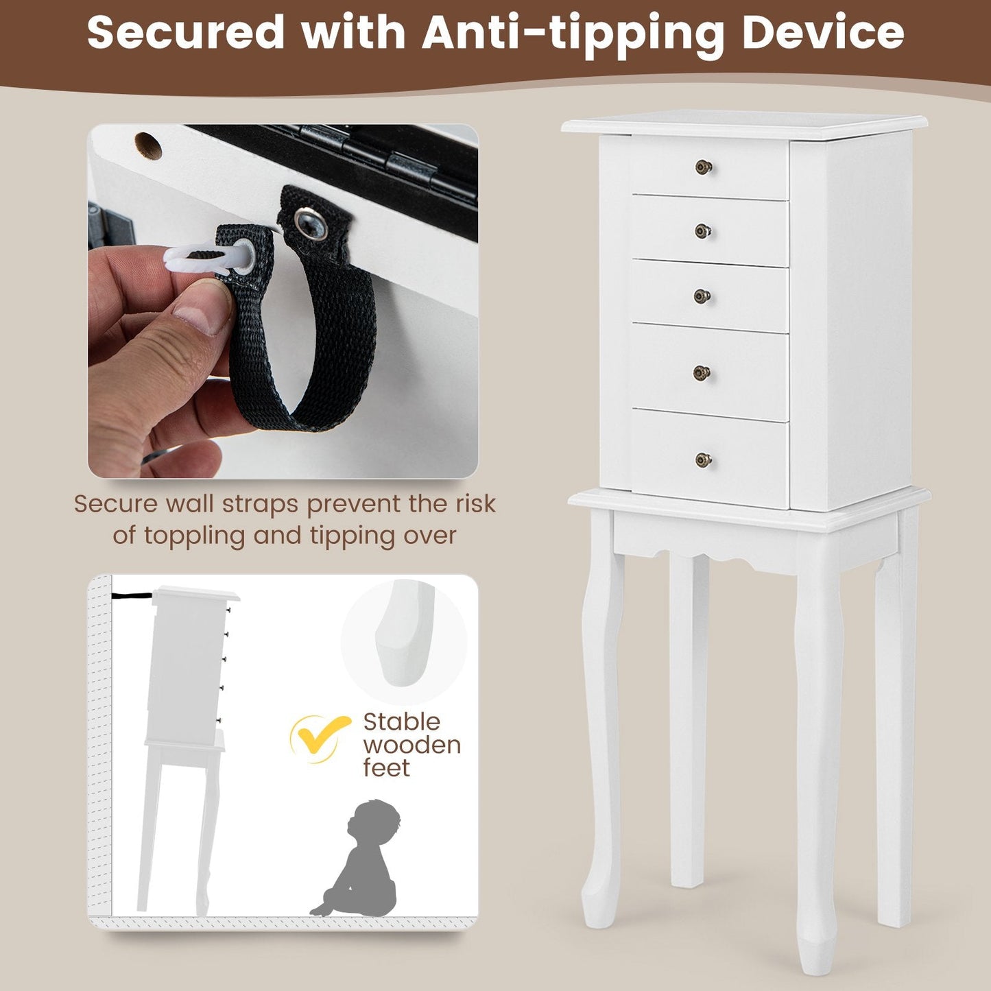 Freestanding Jewelry Armoire Organizer with Flip Up Mirror Side Door-White-White