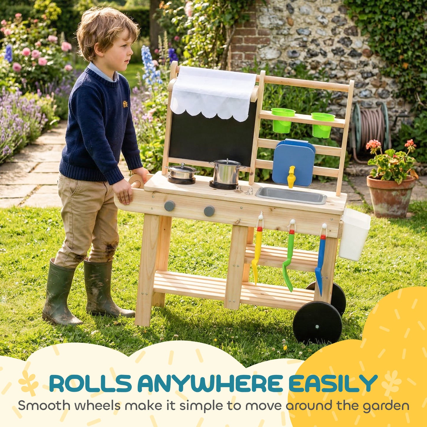 AIYAPLAY Mud Kitchen with Real Water Faucet Pretend Play Kitchen Playset with Sink and Storage Natural Wood