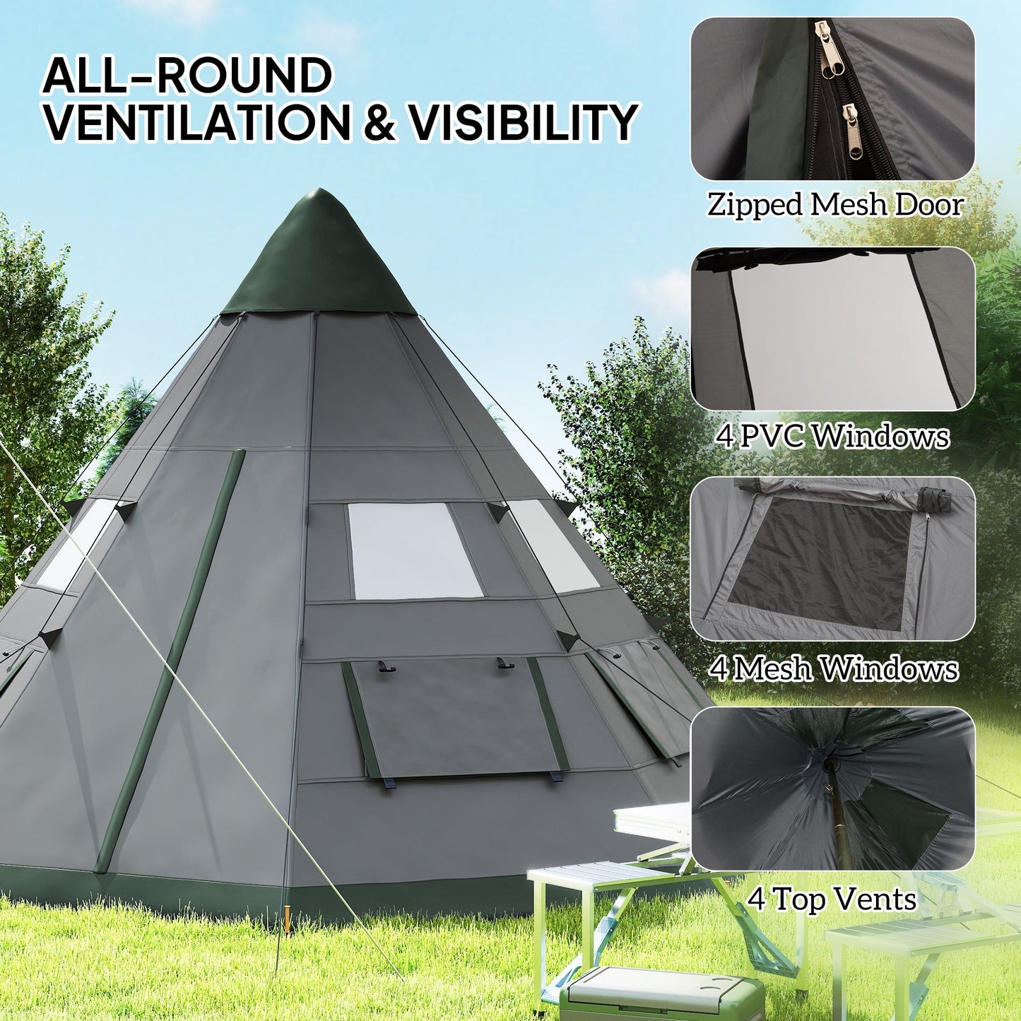 Outsunny 6 Men Tipi Tent with Carry Bag - Grey