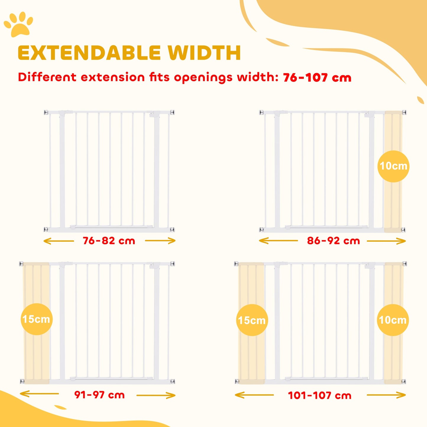 PawHut Dog Gate Pet Safety Gate Stair Barrier Pressure Fit Adjustable 76-82/86-97/101-107 cm, White