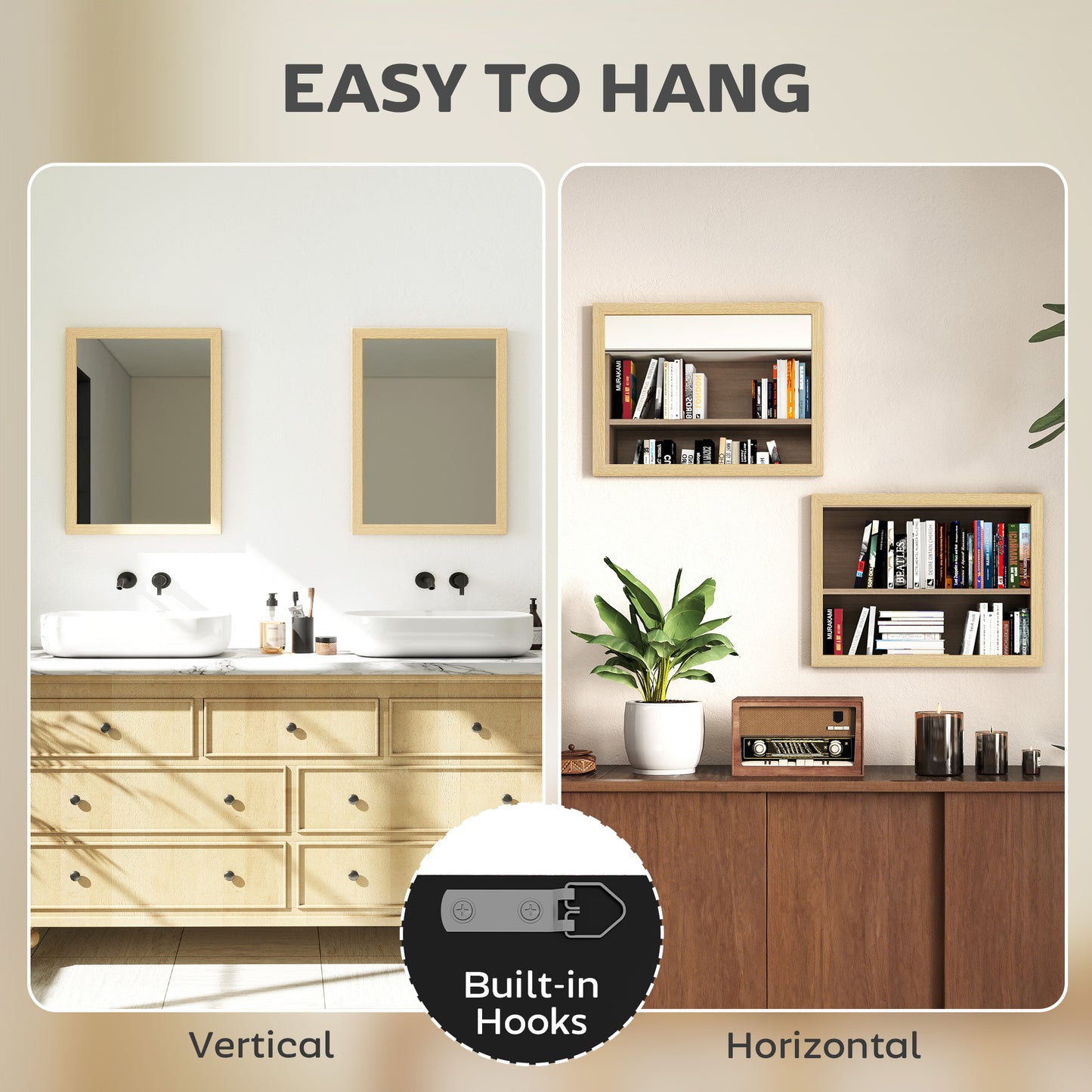 HOMCOM Wall Bathroom Mirror, 30 x 40 cm Wall-Mounted Mirror for Living Room, Bedroom, Hallway, Set of 2, Natural