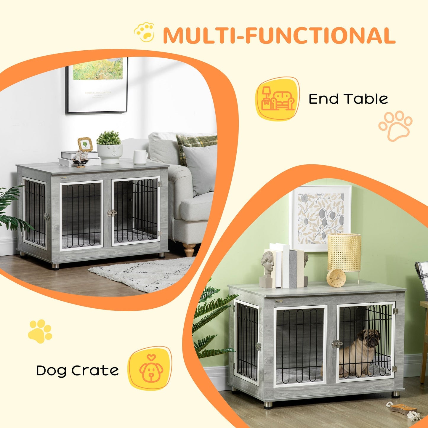 PawHut Dog Crate Furniture End Table, with Washable Cushion, Double Doors, for Medium/Large Dogs, Grey