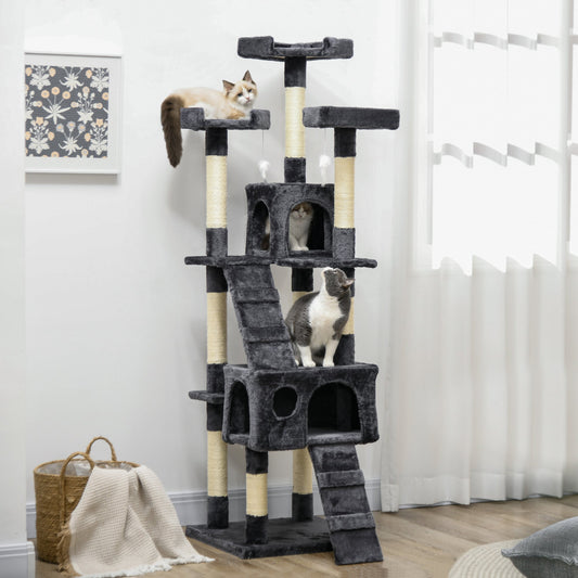 PawHut 173cm Cat Tree Scratching House, Activity Play Centre, Charcoal Grey