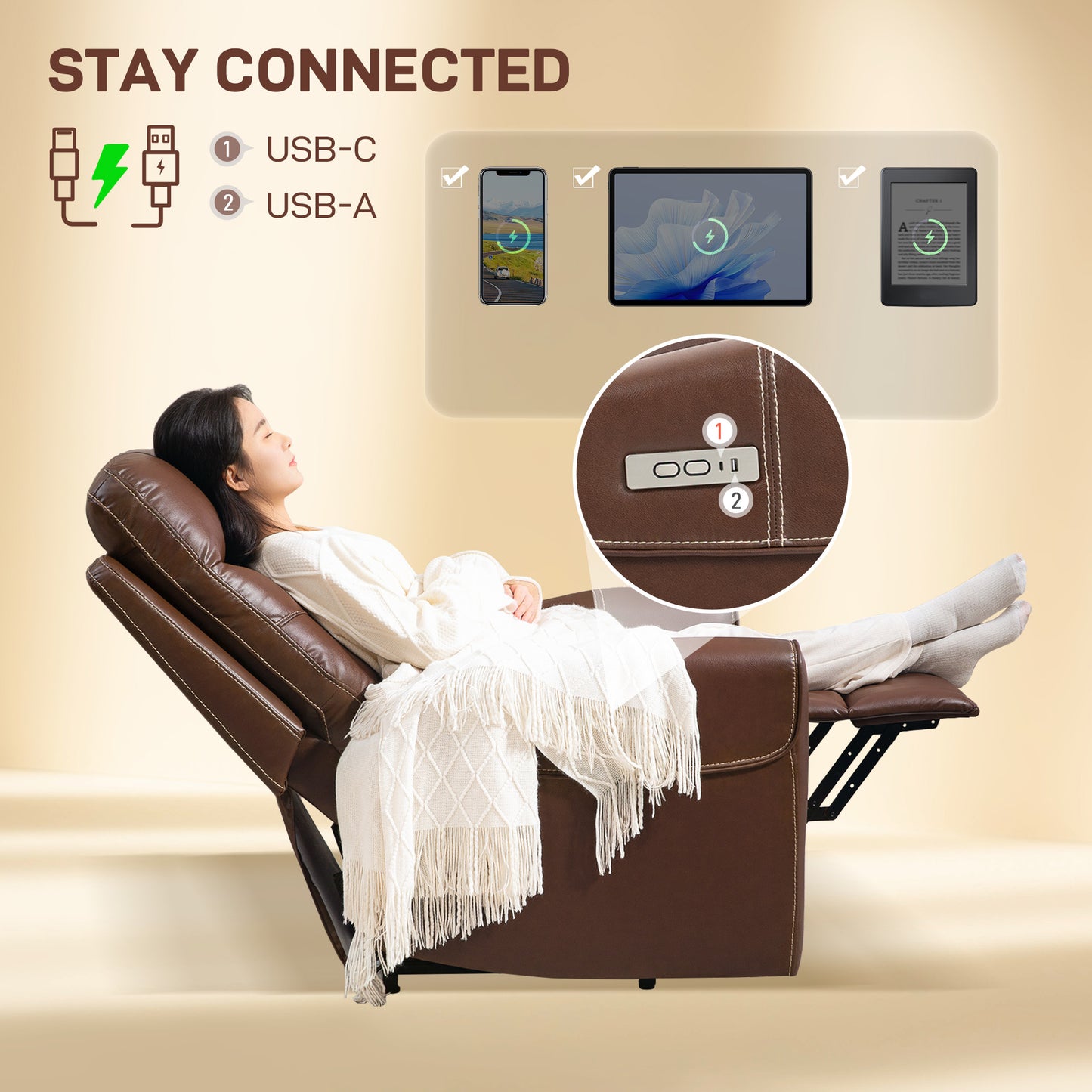 HOMCOM Power Lift Recliner Chair for Elderly, Overstuffed Faux Leather Riser and Reclining Chair with USB A+C Ports, Recliner Armchair for Living Room, Brown