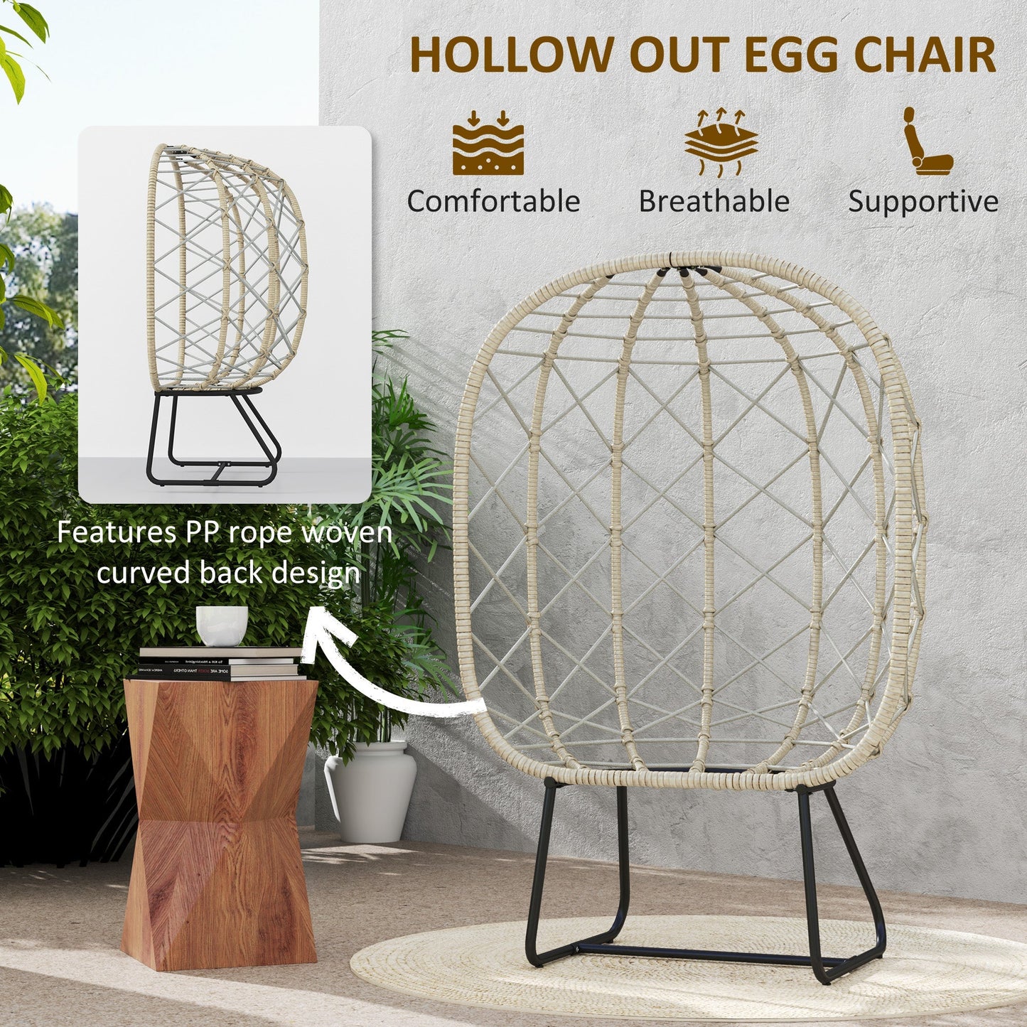 Outsunny Rattan Egg Chair Outdoor Indoor Wicker Chair with Thickened Cushion and Headrest, Standing Garden Egg Chair with Cup Holder, Metal Frame for Patio, Balcony, Grey