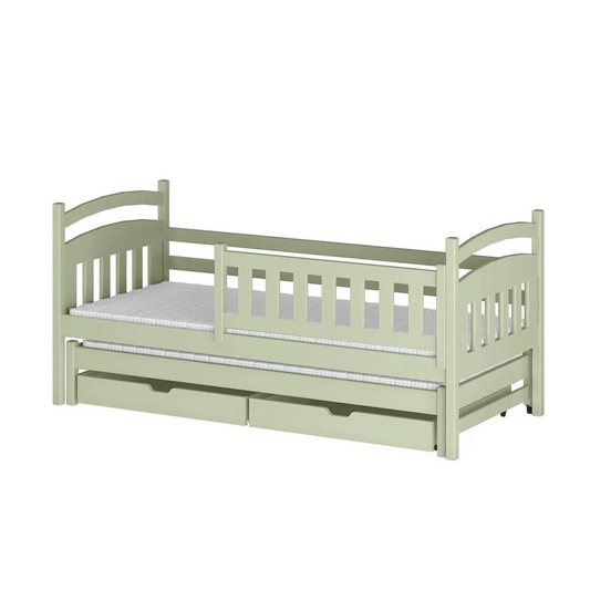 Light green children's bed with a trundle on a white background
