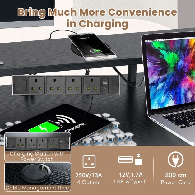 L-Shaped Gaming Desk with LED Lights and Power Outlets-Black