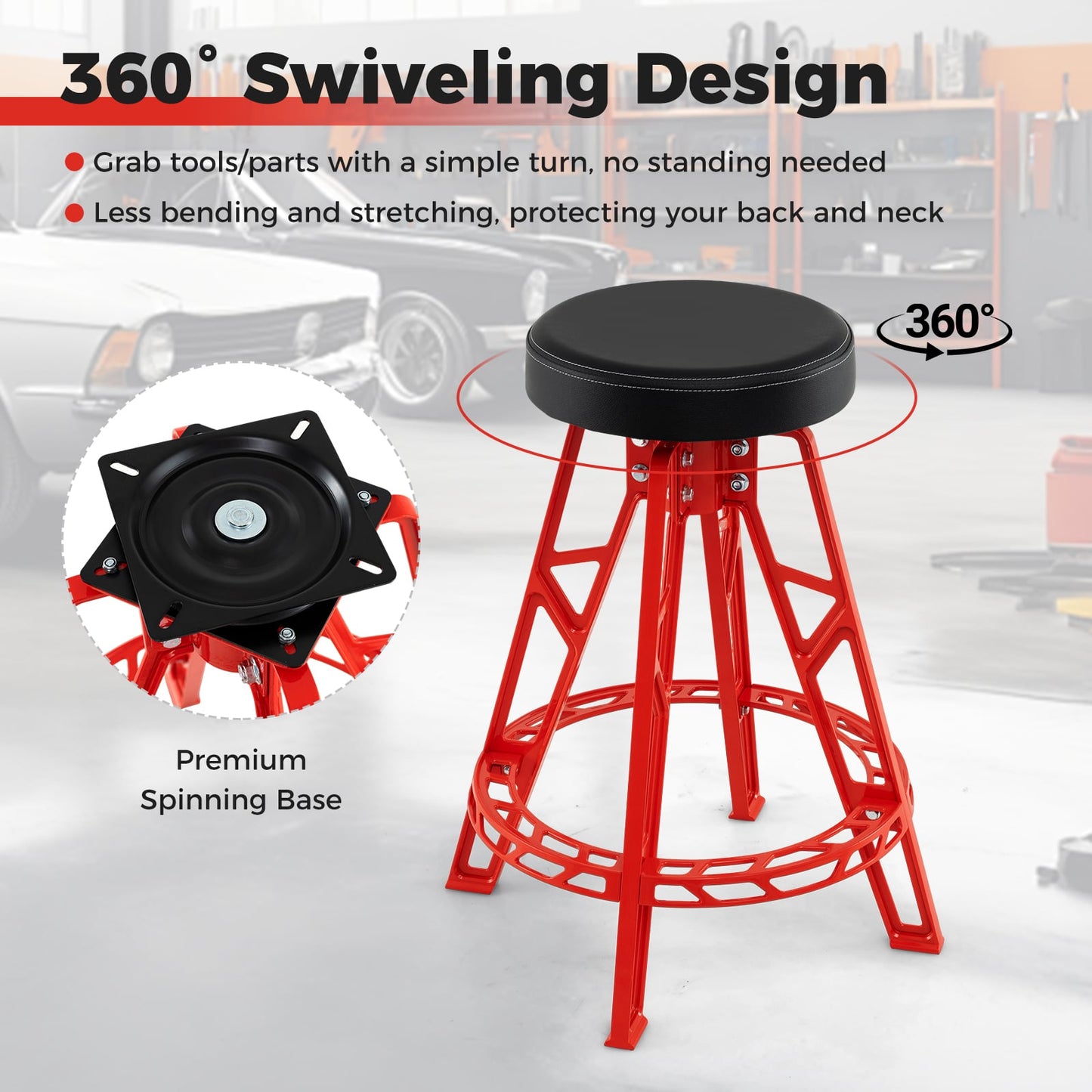 Garage Chair with Round Padded Seat and Heavy Duty Aluminum Frame-Red